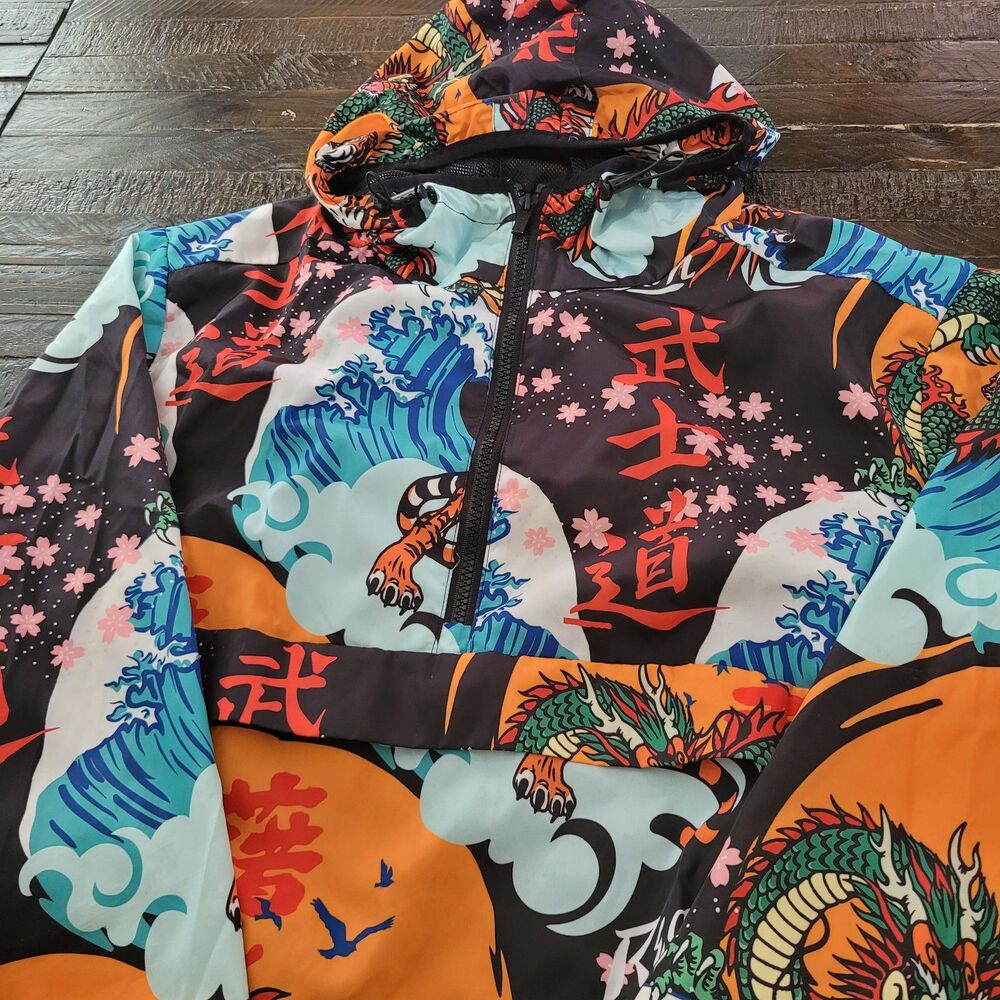 Reason Clothing Men’s Large Half Zip Anorak Windbreaker Dragon Tiger Kanji Print